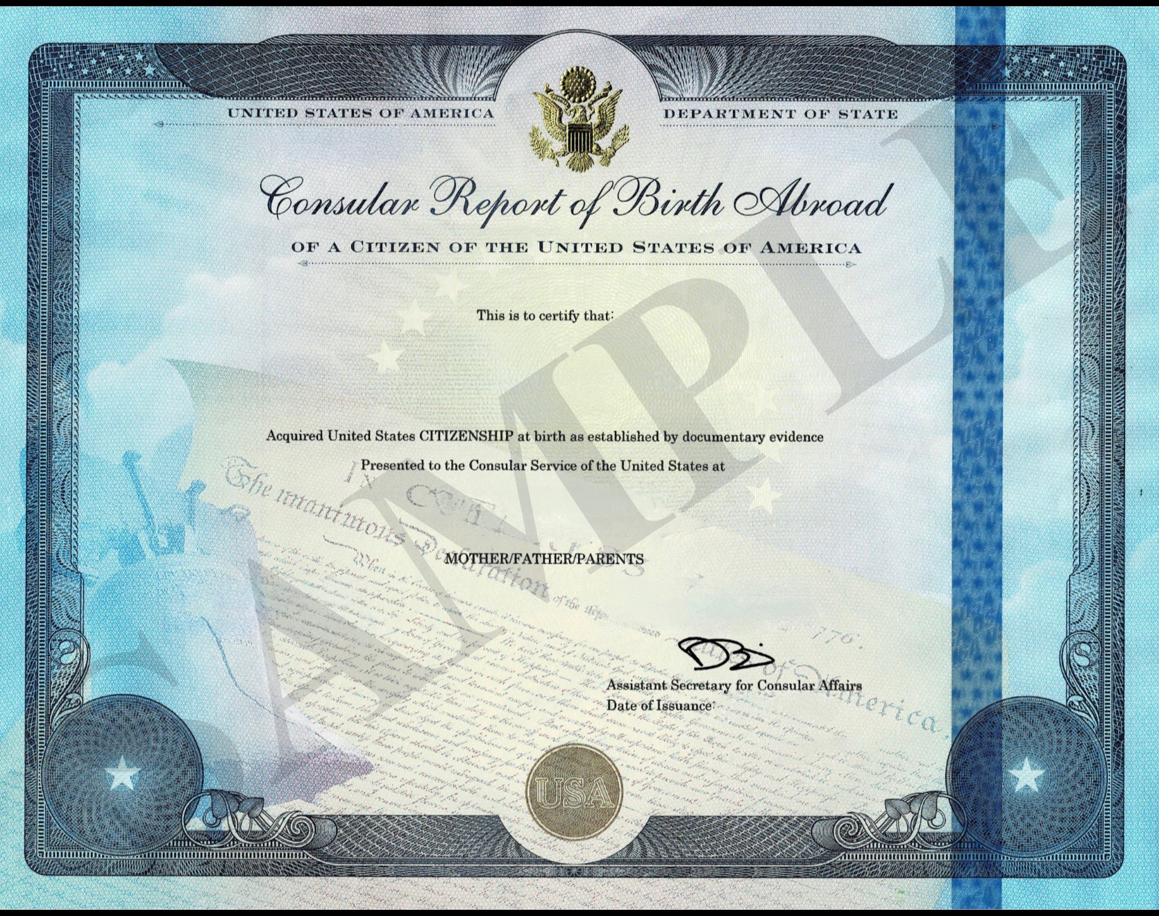 Sample Consular Report of Birth Abroad (Form FS-240) issued by the U.S. Department of State, documenting the birth of a U.S. citizen child born outside the United States to a U.S. citizen parent. Shows the official Department of State seal and signature of the consular officer.