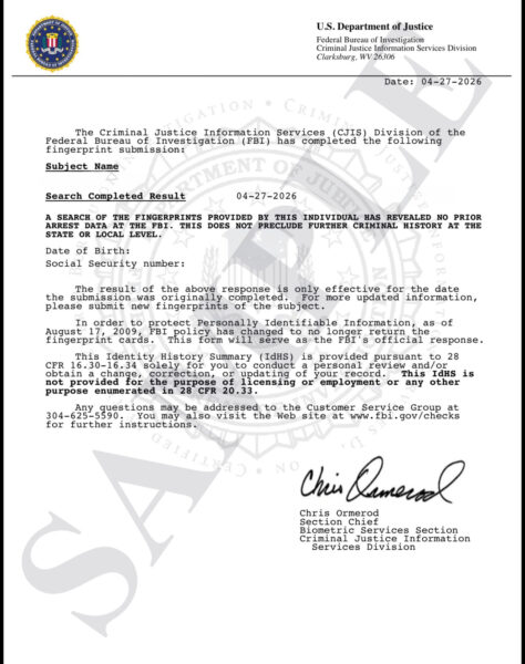 FBI fingerprint submission form with official seals and a signature, dated 04-27-2026, shown on the page.
