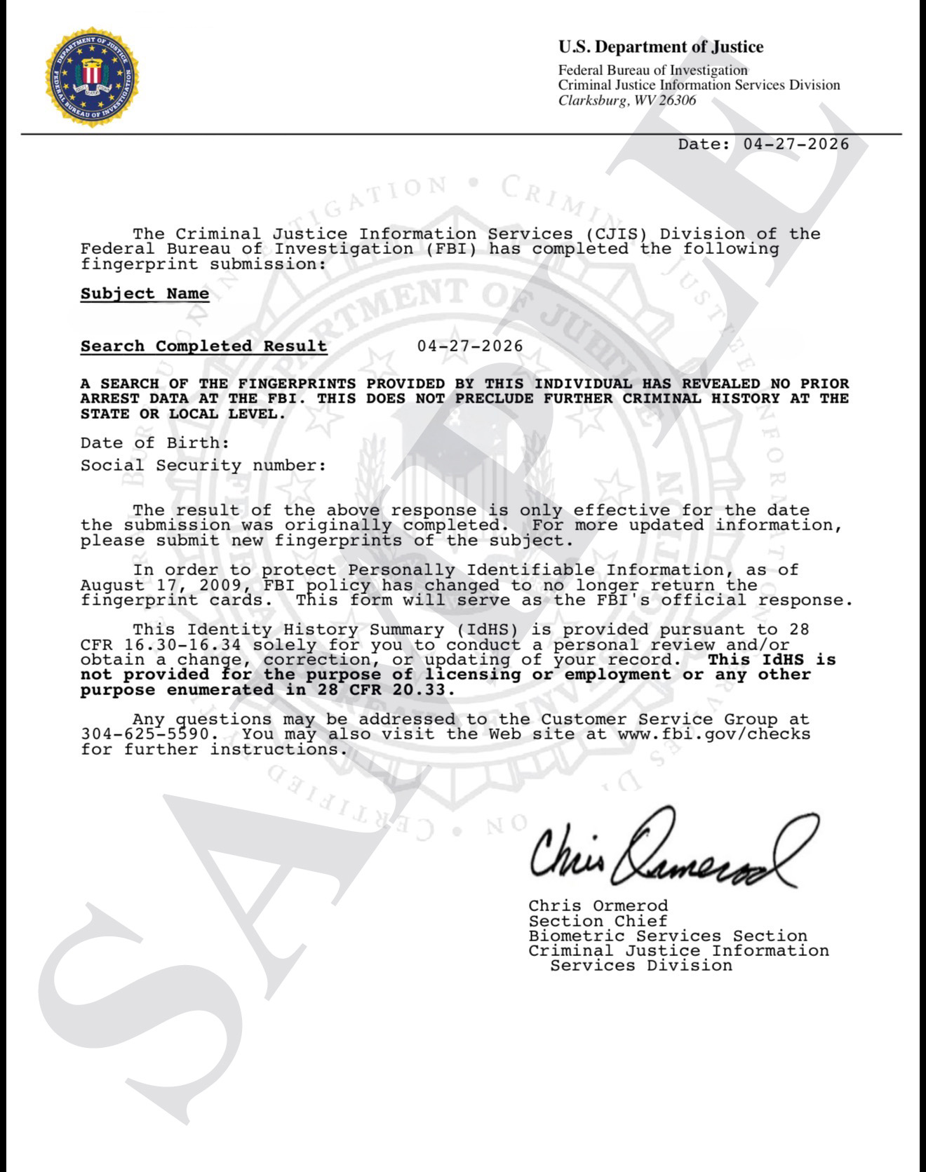 Sample FBI Identity History Summary (FBI background check) issued by the U.S. Department of Justice, Federal Bureau of Investigation, Criminal Justice Information Services Division in Clarksburg, WV. Document shows the official FBI seal, a 'Search Completed Result' line, and the Section Chief's signature.