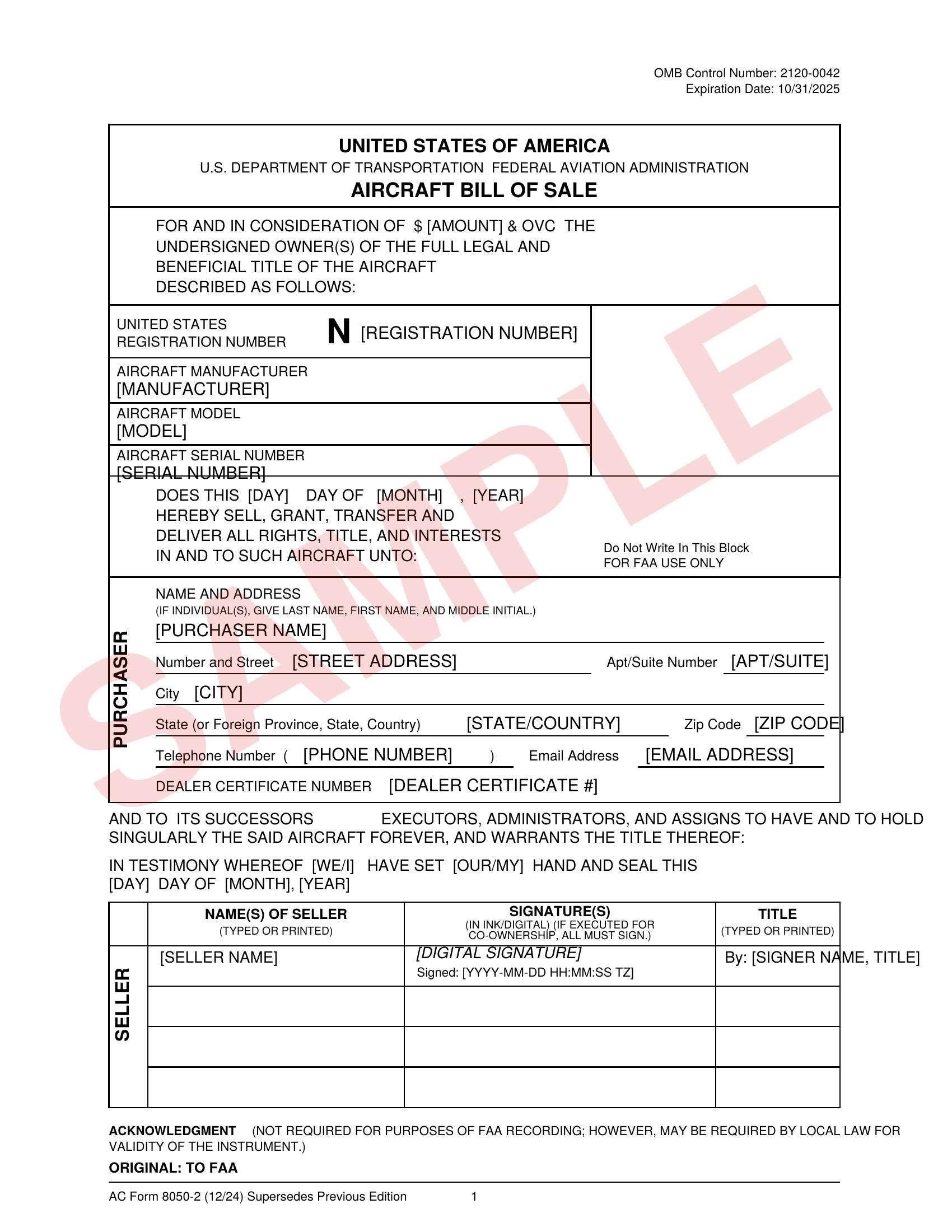 Sample FAA Aircraft Bill of Sale (AC Form 8050-2) issued by the U.S. Department of Transportation, Federal Aviation Administration. Shows aircraft registration number, manufacturer, model, serial number, purchaser name and address, seller name and signature, and the federal recordation block.