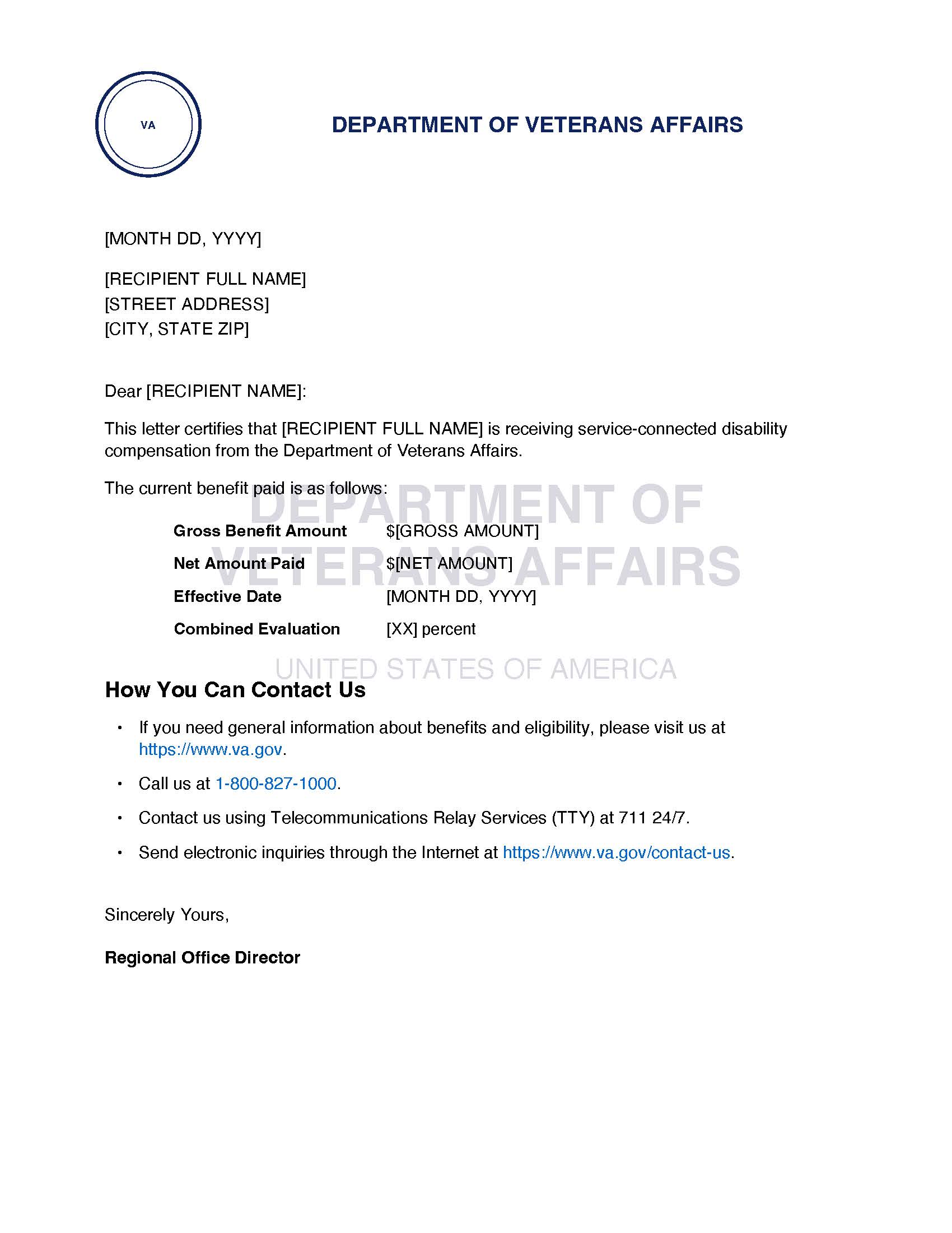 Sample Department of Veterans Affairs (VA) letter on official VA letterhead with VA seal in the upper-left and 'DEPARTMENT OF VETERANS AFFAIRS' header. Letter certifies that the recipient is receiving service-connected disability compensation, with details including Gross Benefit Amount, Net Amount Paid, Effective Date, and Combined Evaluation percentage. Signed by the Regional Office Director.