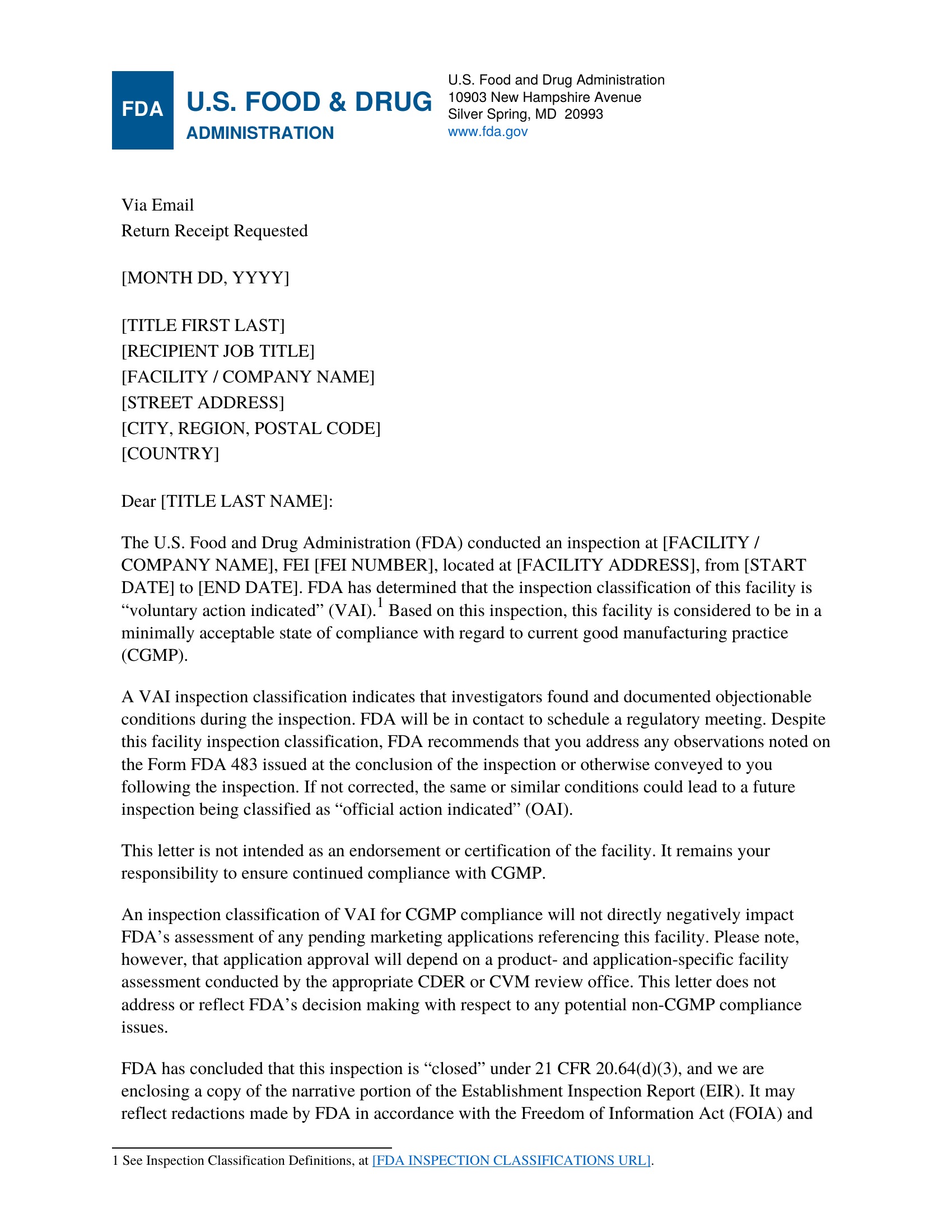 Sample U.S. Food and Drug Administration (FDA) Establishment Inspection Report (EIR) Closeout Letter on official FDA letterhead from FDA headquarters in Silver Spring, Maryland. Letter documents an FDA inspection of a manufacturing facility, including the FEI (FDA Establishment Identifier) number, inspection classification (Voluntary Action Indicated / VAI), references to current good manufacturing practice (CGMP) compliance, Form FDA 483, and inspection closeout under 21 CFR 20.64(d)(3).