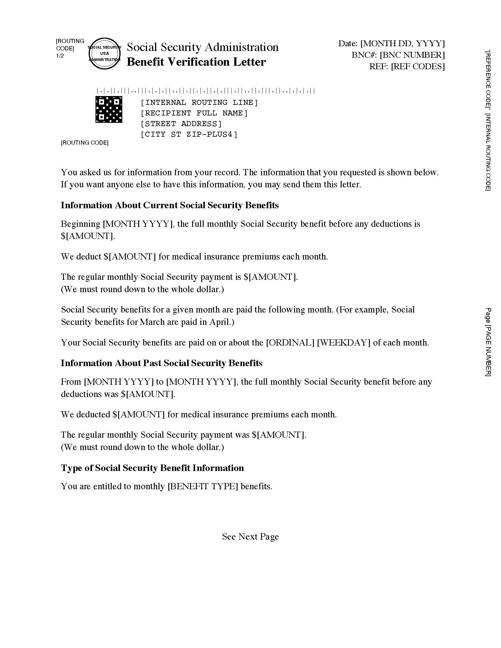 Sample Social Security Administration Benefit Verification Letter showing the official SSA seal in the letterhead, BNC# (Beneficiary Notice Control number) in the upper-right, recipient address block with USPS routing barcode, and three main sections: Information About Current Social Security Benefits, Information About Past Social Security Benefits, and Type of Social Security Benefit Information.