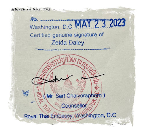 Royal Thai Embassy consular legalization seal and authorized officer signature on a U.S. document — Washington, D.C.