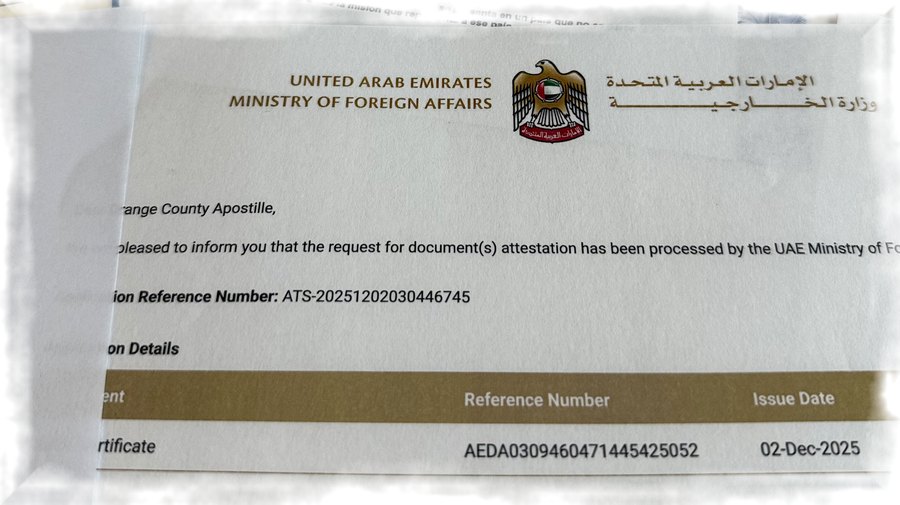 UAE Ministry of Foreign Affairs and International Cooperation (MoFAIC) attestation certificate issued for a U.S.-origin document