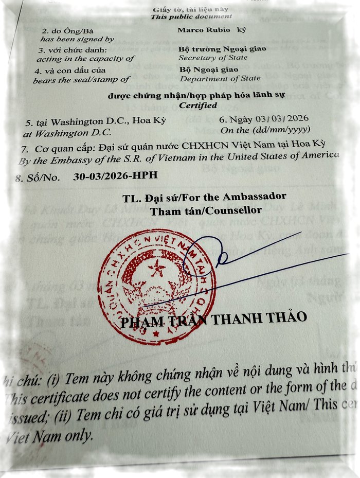 Embassy of the Socialist Republic of Vietnam consular legalization seal and ambassador signature applied to a U.S. document — Washington, D.C.