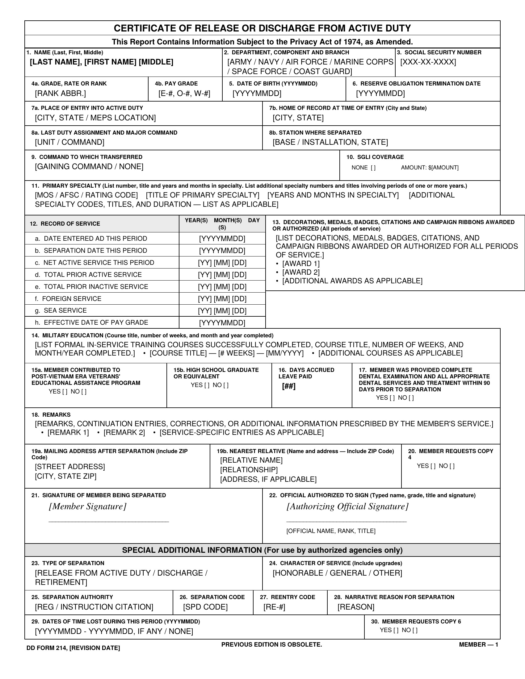 Sample DD Form 214 Certificate of Release or Discharge from Active Duty.