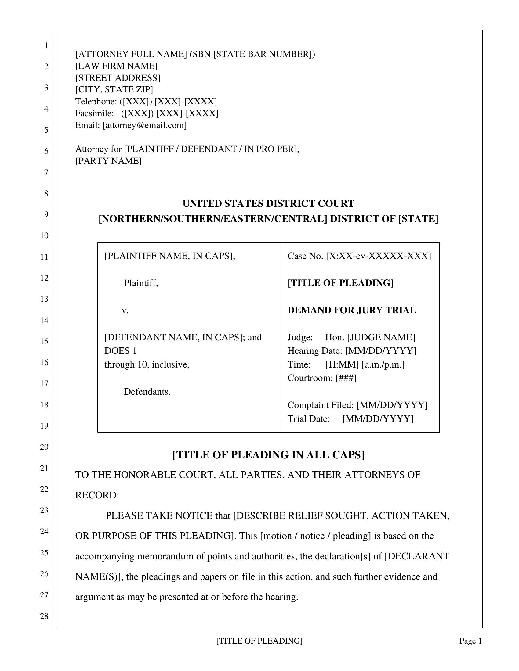 Sample U.S. District Court pleading on standard 28-line numbered pleading paper.