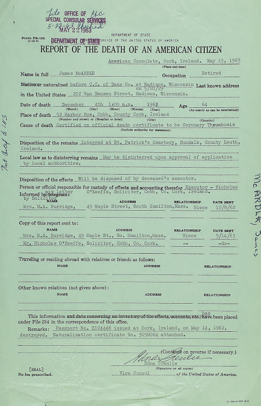Sample Consular Report of Death of a U.S. Citizen Abroad (Form DS-2060) issued by the U.S. Department of State, Bureau of Consular Affairs.