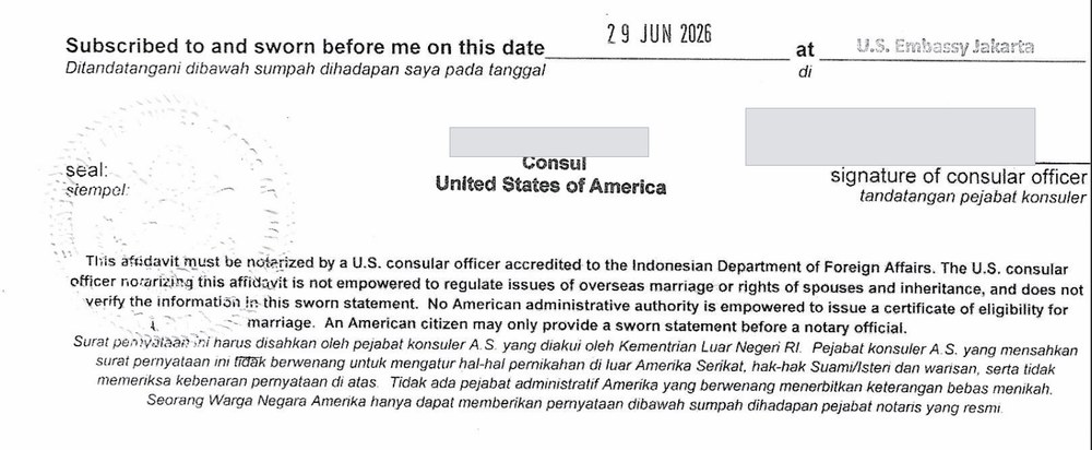 Sample consular jurat page showing an affidavit subscribed and sworn before a U.S. consular officer at a U.S. Embassy abroad, with consular seal and signature block.