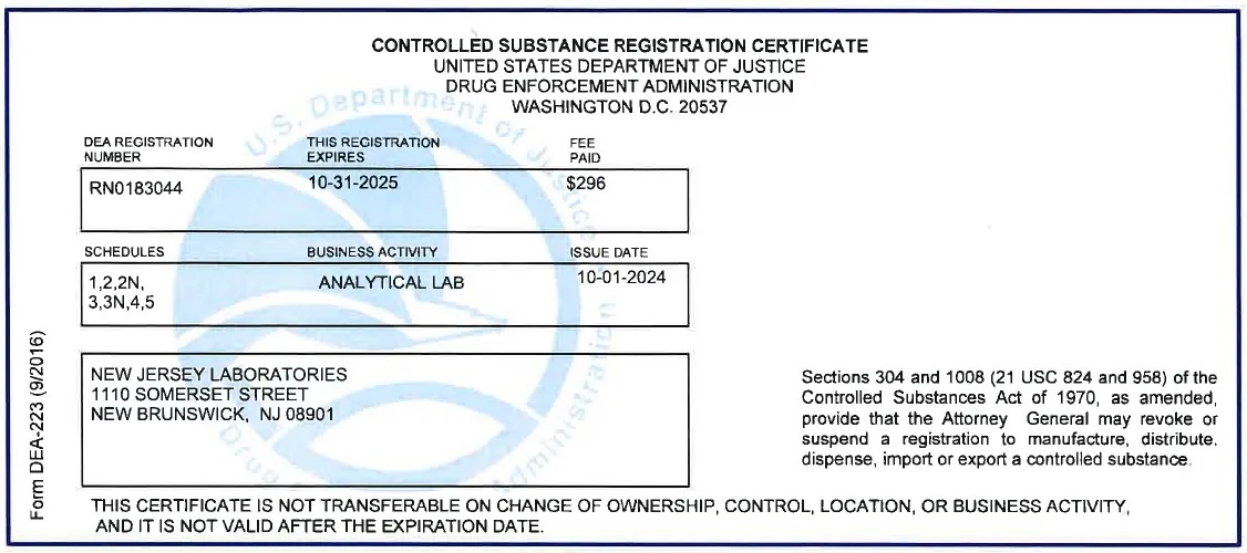 Sample DEA Certificate of Registration (Form 223) issued by the U.S. Department of Justice, Drug Enforcement Administration, under the Controlled Substances Act.