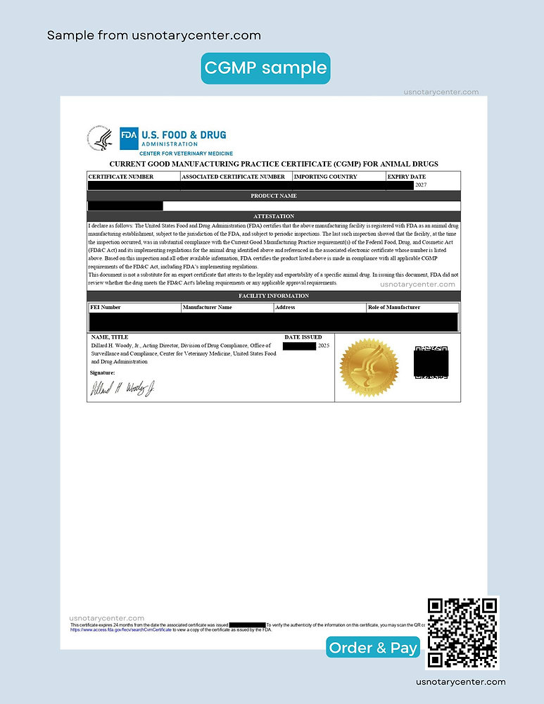 Sample FDA Certificate of Good Manufacturing Practice (cGMP) issued by the U.S. Food and Drug Administration certifying facility compliance for export purposes.