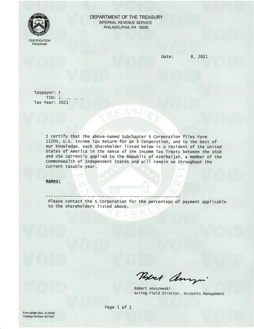 Sample IRS Form 6166 Certificate of U.S. Residency issued by the Department of the Treasury, Internal Revenue Service, certifying U.S. tax residency for income tax treaty purposes.
