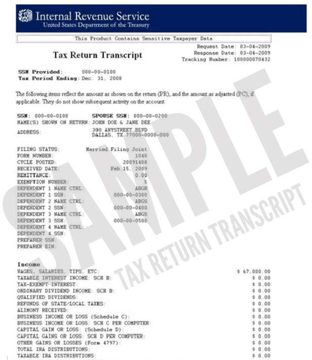 Sample IRS Tax Return Transcript issued by the Department of the Treasury, Internal Revenue Service, reflecting information from a filed federal income tax return.