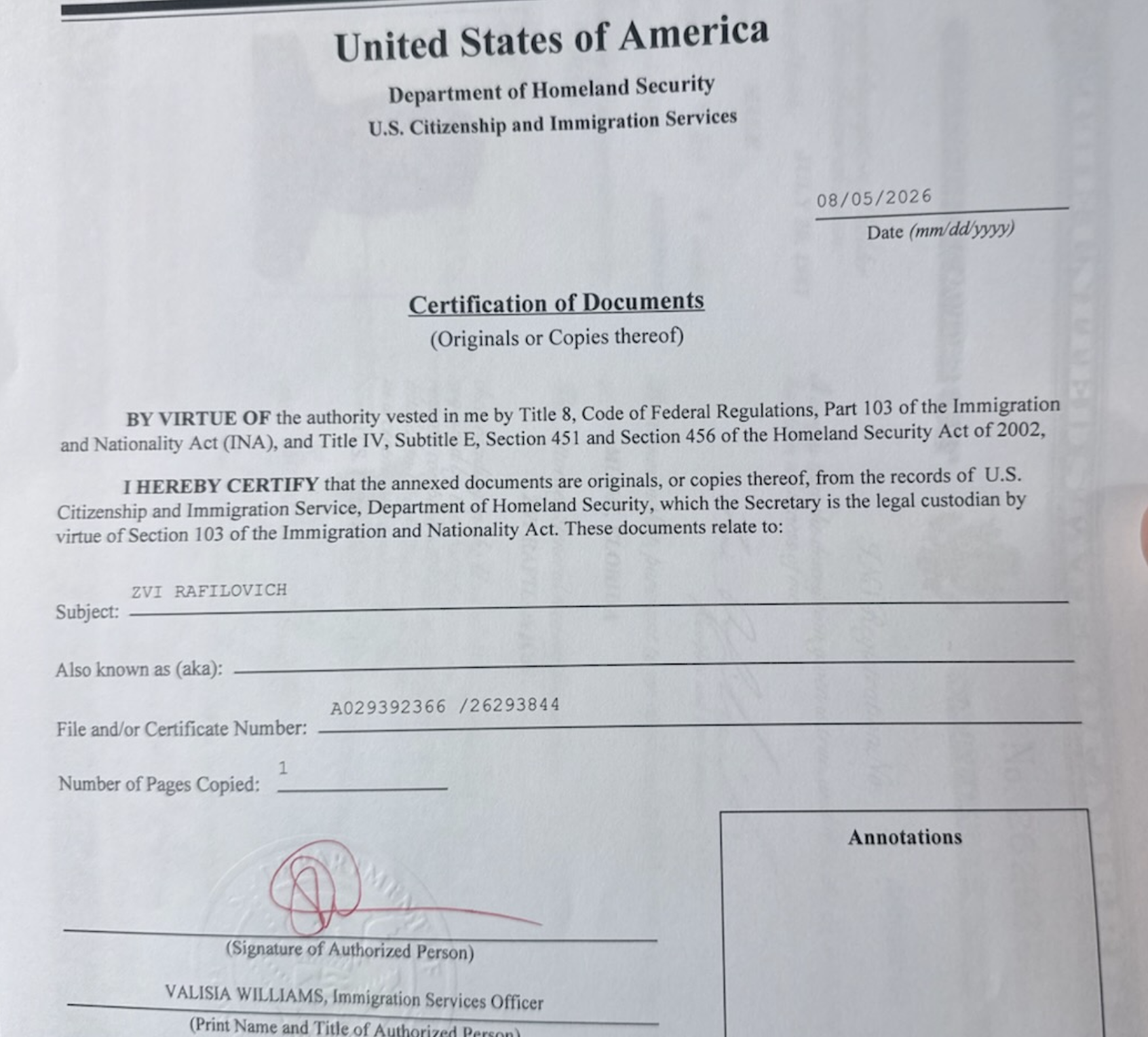 Sample USCIS Certification of Documents issued by U.S. Citizenship and Immigration Services, Department of Homeland Security, showing the certification statement, subject name, file and certificate number, number of pages copied, and the signature of an authorized Immigration Services Officer.
