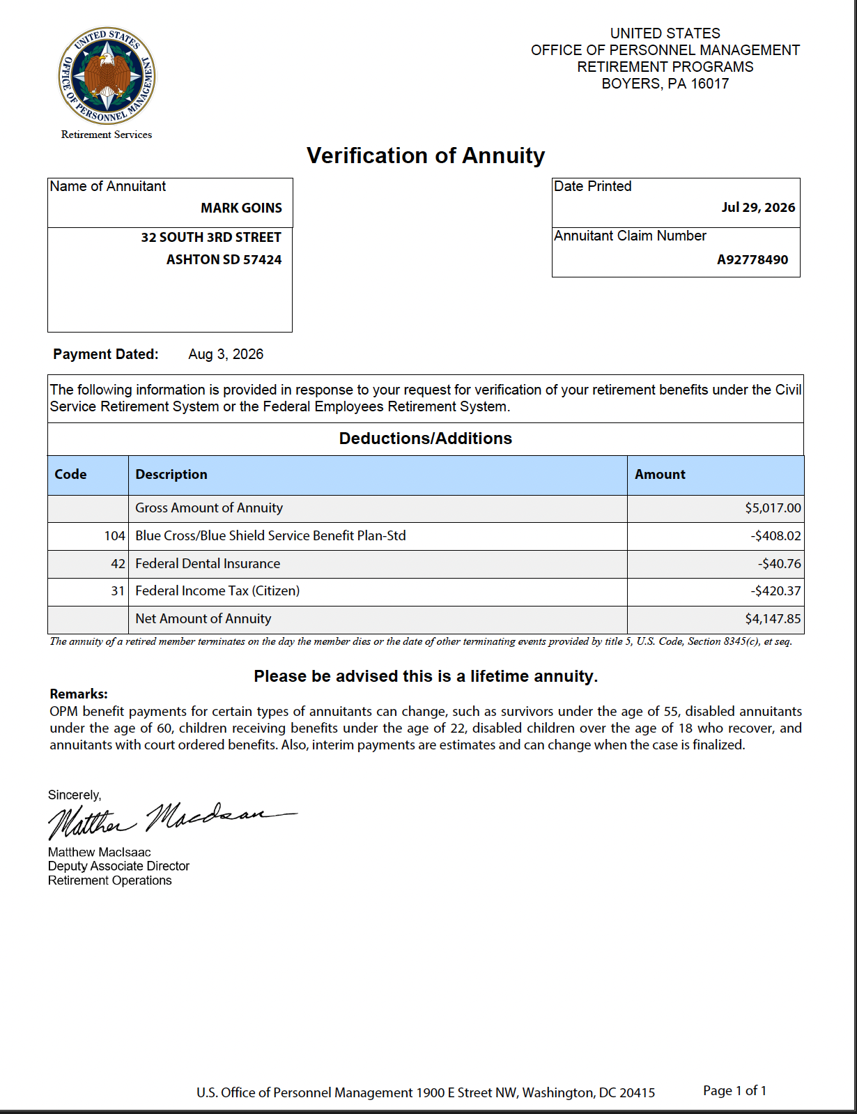 Sample U.S. Office of Personnel Management Verification of Annuity letter showing the annuitant name and claim number, gross and net annuity amounts, deductions, payment date, and the signature of the Deputy Associate Director for Retirement Operations.