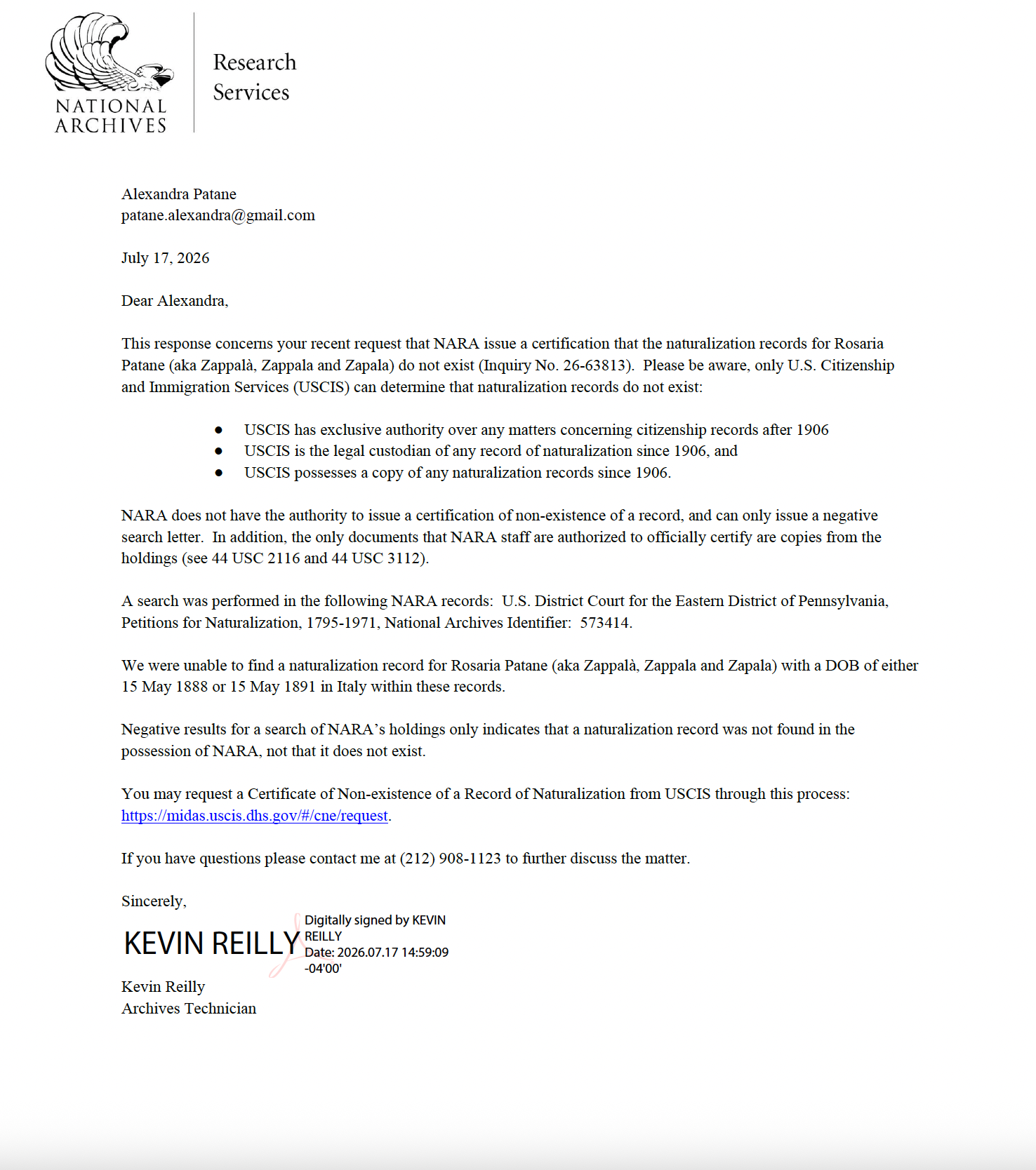 Sample National Archives and Records Administration (NARA) Research Services letter, a negative search letter reporting the results of a naturalization records search and digitally signed by an Archives Technician.