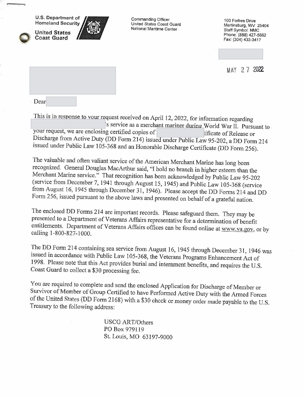 Sample U.S. Coast Guard National Maritime Center letter transmitting certified copies of a merchant mariner's DD Form 214 and Honorable Discharge Certificate under Public Law 95-202 and Public Law 105-368.